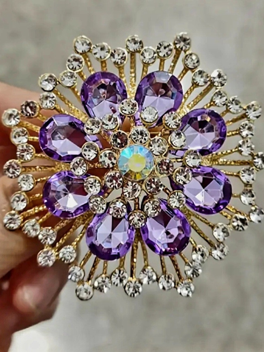 Purple Crystal Floral Statement Brooch - Gold Tone - Picture 1 of 3